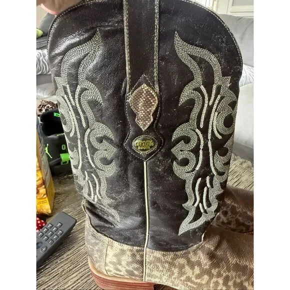 Los Altos Boots Brown Weathered Leather & Snake Skin Snip Toe Cowboy Boots sz 11 - Picture 4 of 12